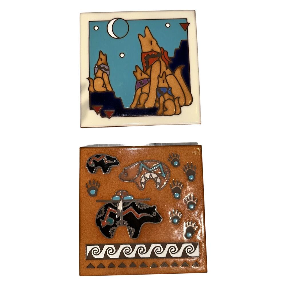 2 Vntg Masterworks Handcrafted Art Tiles Southwestern Bear Coyote Western Desert